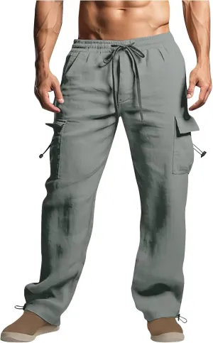 Men Cotton Linen Cargo Pants Comfy Lightweight Trousers Drawstring Elastic Waist Pant Summer Outing Workout Clothes