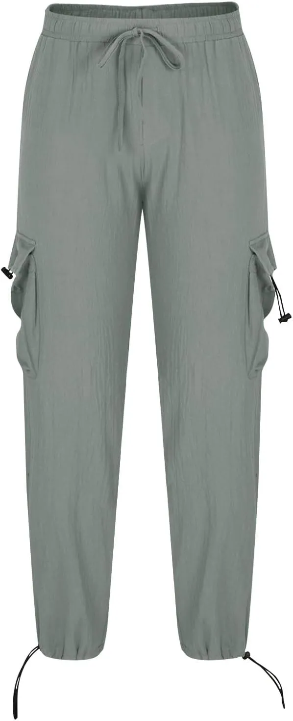 Men Cotton Linen Cargo Pants Comfy Lightweight Trousers Drawstring Elastic Waist Pant Summer Outing Workout Clothes