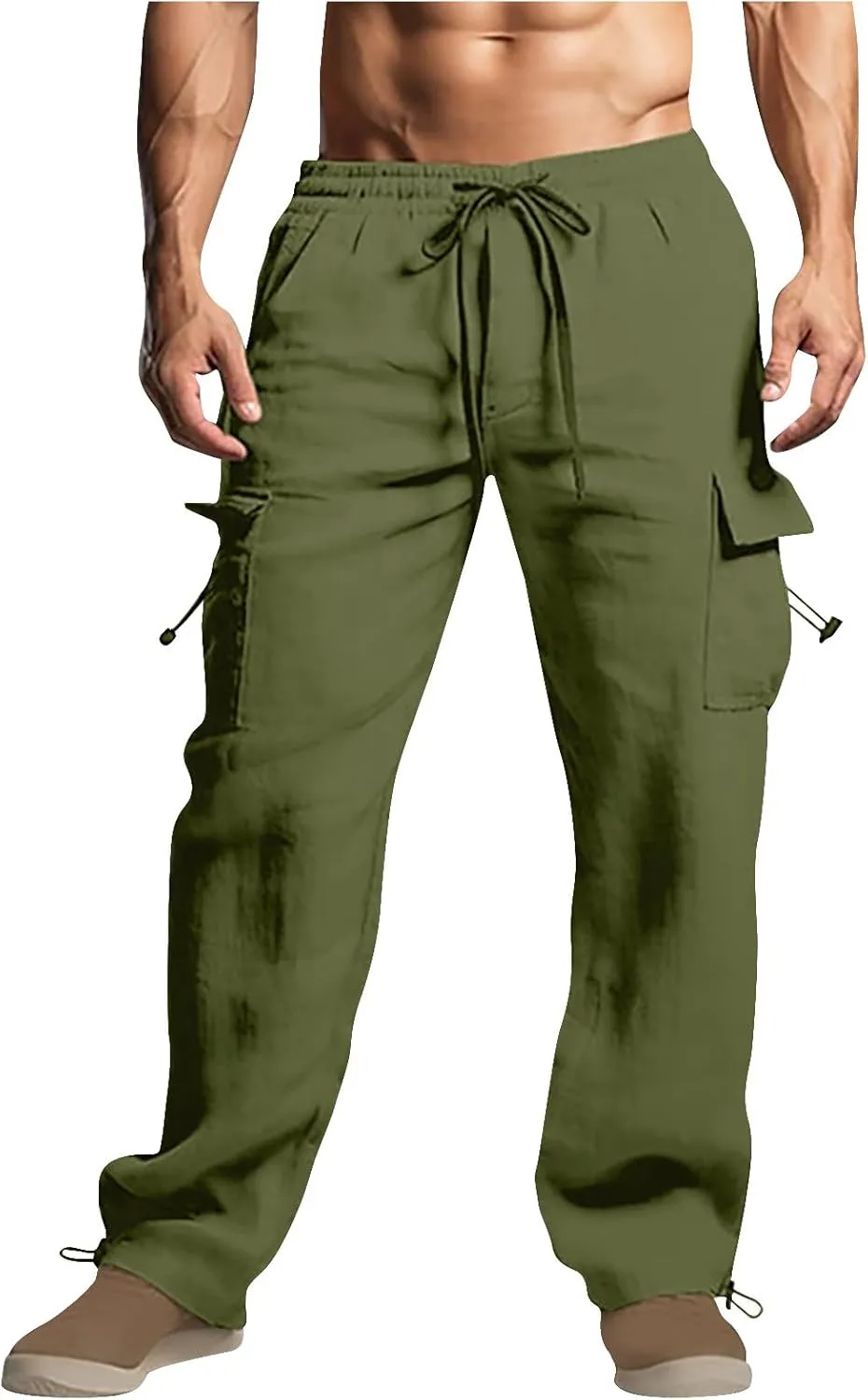Men Cotton Linen Cargo Pants Comfy Lightweight Trousers Drawstring Elastic Waist Pant Summer Outing Workout Clothes