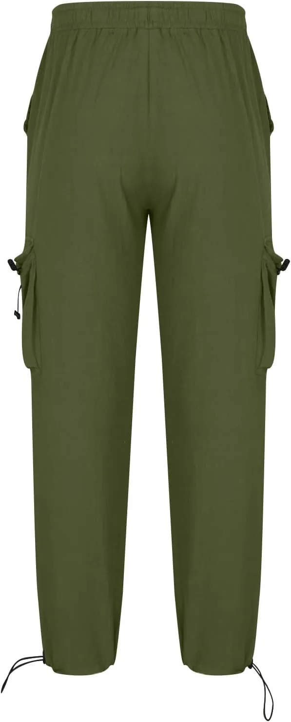 Men Cotton Linen Cargo Pants Comfy Lightweight Trousers Drawstring Elastic Waist Pant Summer Outing Workout Clothes