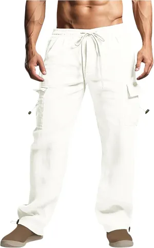 Men Cotton Linen Cargo Pants Comfy Lightweight Trousers Drawstring Elastic Waist Pant Summer Outing Workout Clothes