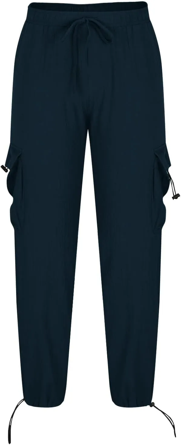 Men Cotton Linen Cargo Pants Comfy Lightweight Trousers Drawstring Elastic Waist Pant Summer Outing Workout Clothes