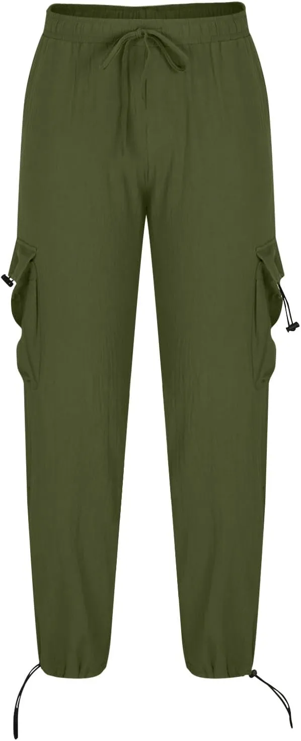 Men Cotton Linen Cargo Pants Comfy Lightweight Trousers Drawstring Elastic Waist Pant Summer Outing Workout Clothes