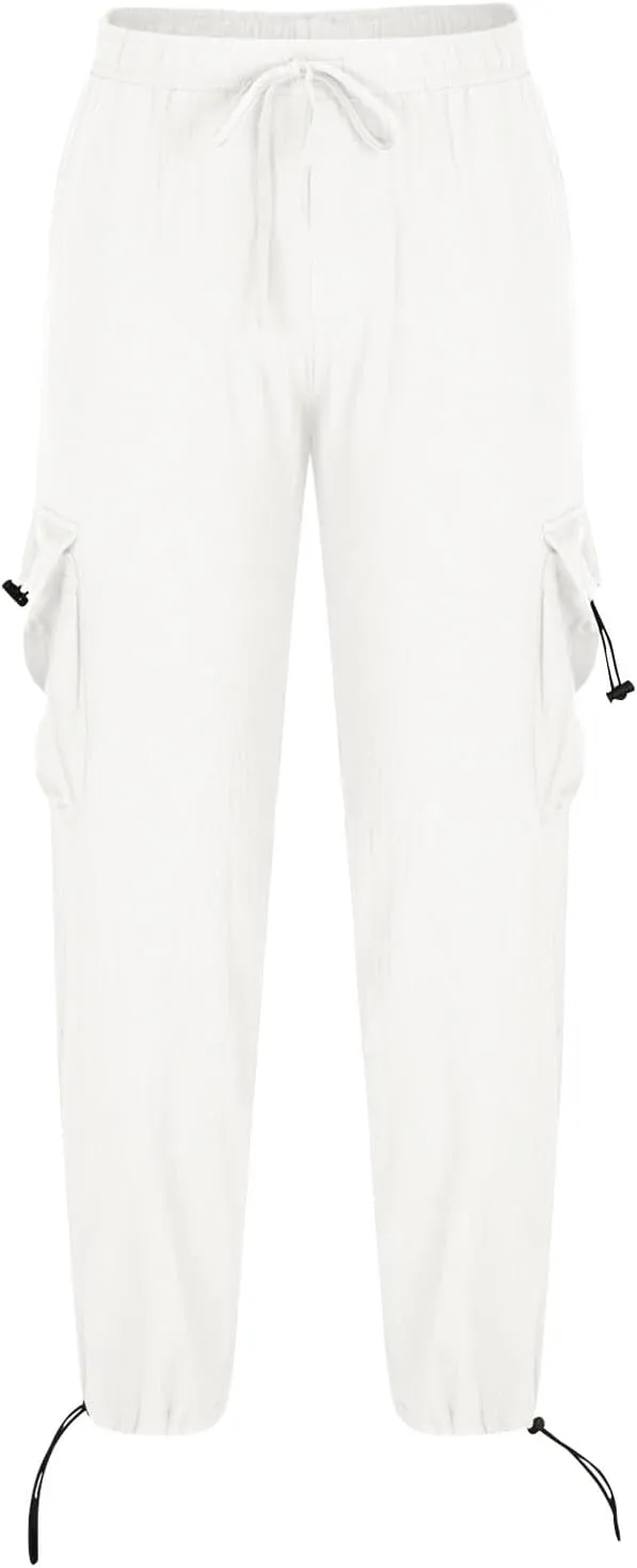 Men Cotton Linen Cargo Pants Comfy Lightweight Trousers Drawstring Elastic Waist Pant Summer Outing Workout Clothes