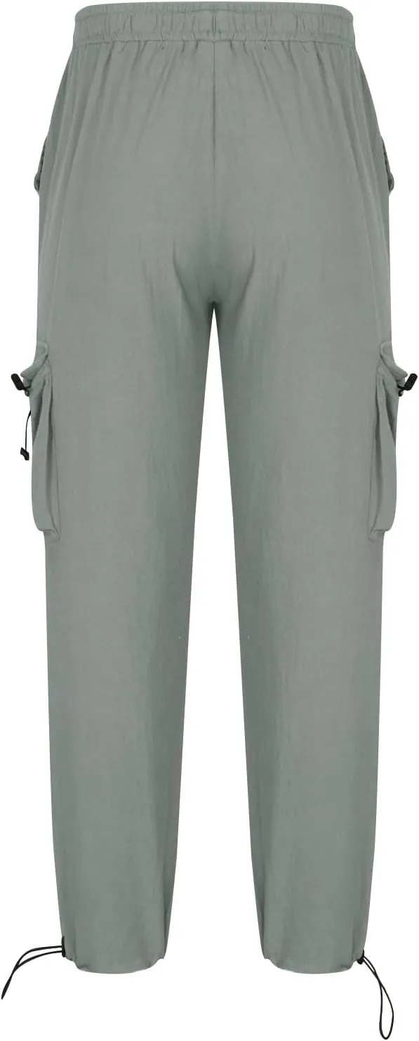 Men Cotton Linen Cargo Pants Comfy Lightweight Trousers Drawstring Elastic Waist Pant Summer Outing Workout Clothes
