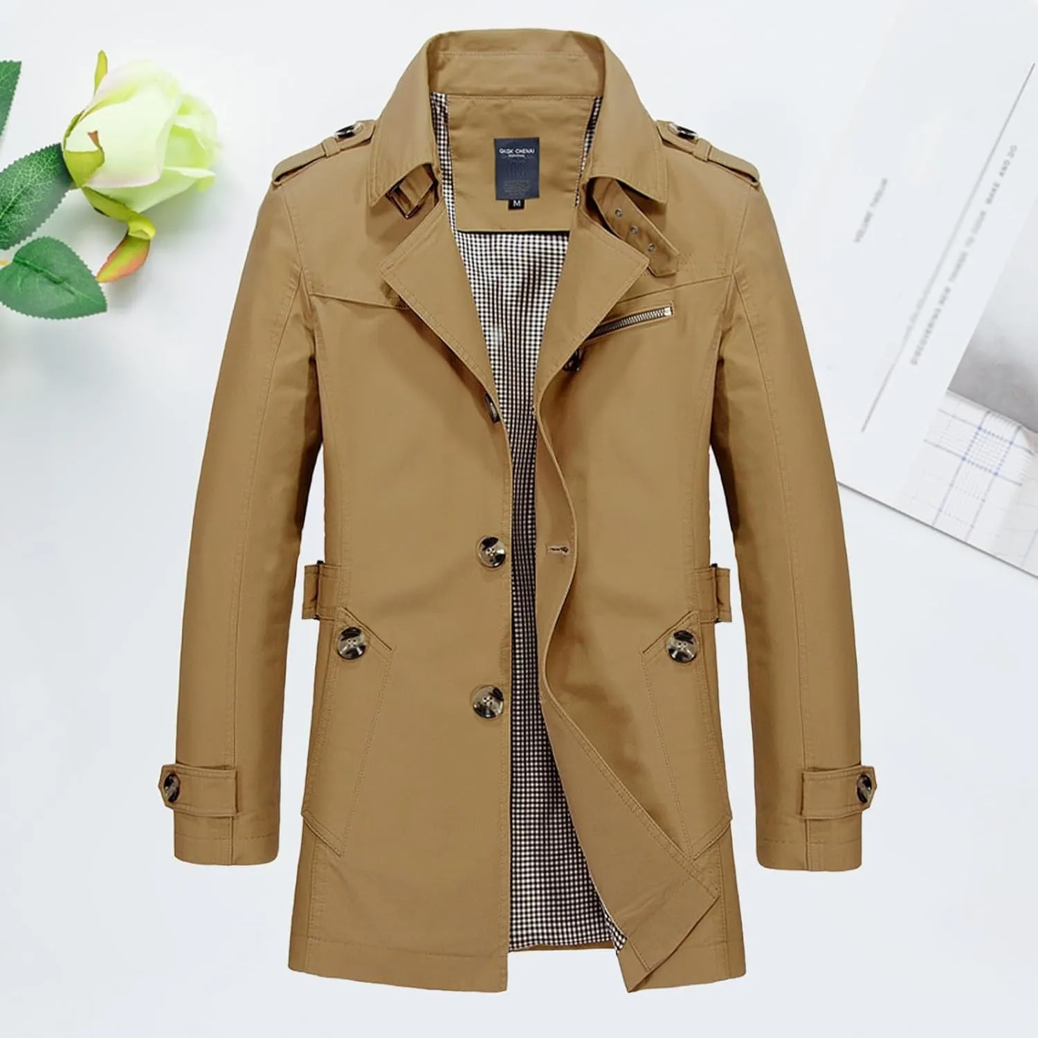 Men Cotton Peacoat Trendy Single Breasted Notch Collar Trench Coat Oversize Business Work Windproof Jacket with Belt