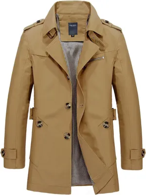 Men Cotton Peacoat Trendy Single Breasted Notch Collar Trench Coat Oversize Business Work Windproof Jacket with Belt