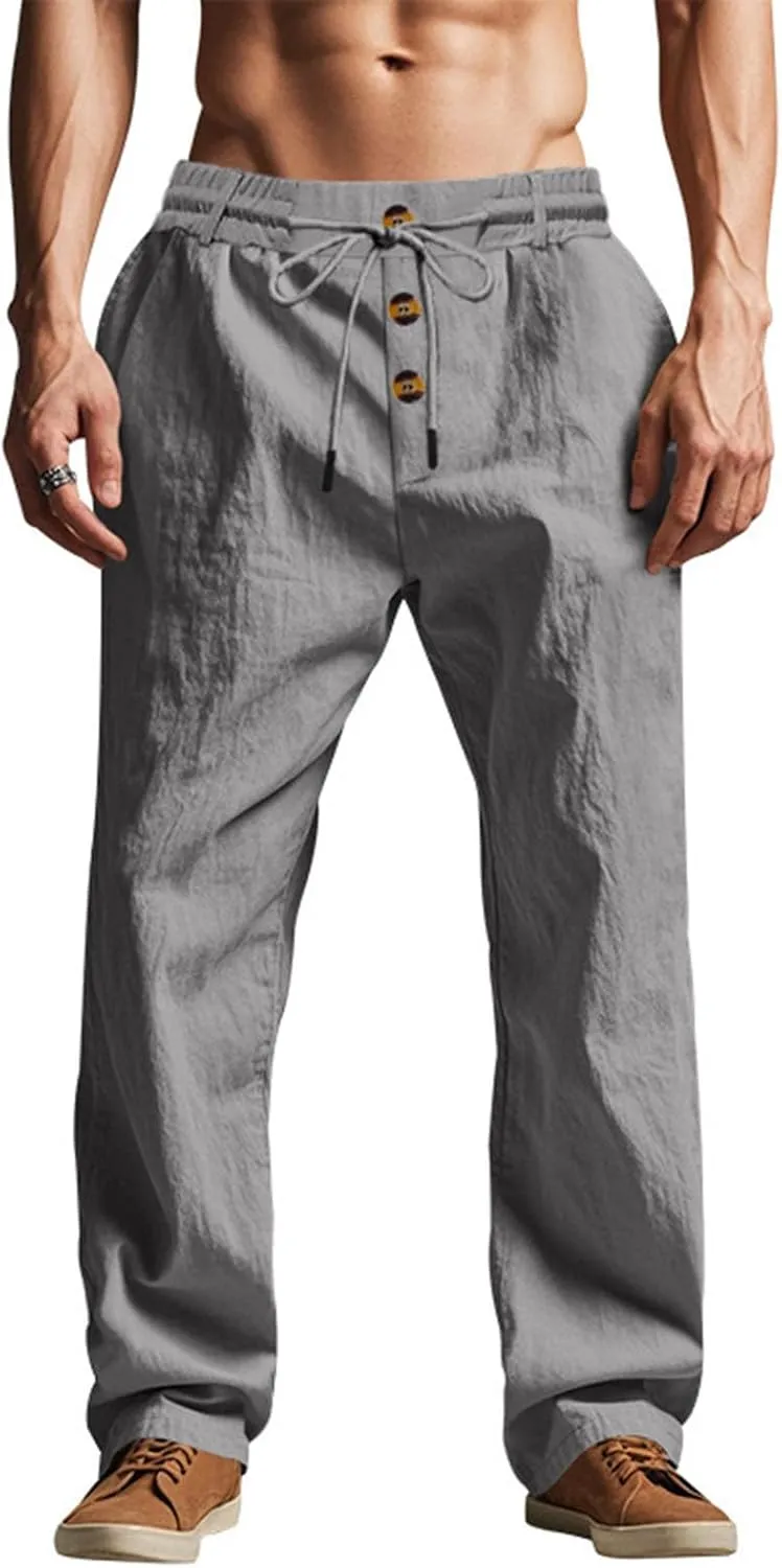 Men Linen Pants Fashion Button Lace up Elastic Waist Beach Casual Sweatpant Loose Comfy Plus Size Wide Leg Trouser