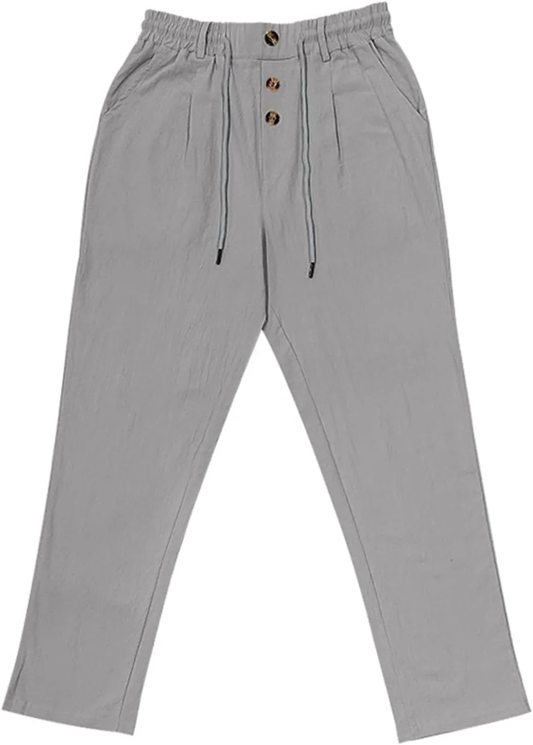 Men Linen Pants Fashion Button Lace up Elastic Waist Beach Casual Sweatpant Loose Comfy Plus Size Wide Leg Trouser
