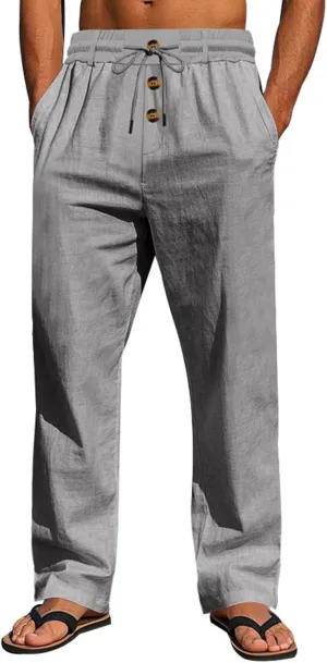 Men Linen Pants Fashion Button Lace up Elastic Waist Beach Casual Sweatpant Loose Comfy Plus Size Wide Leg Trouser