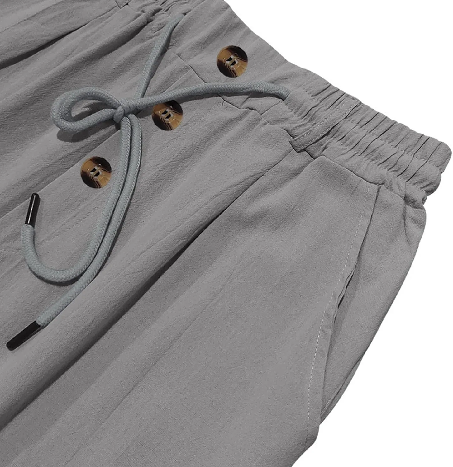 Men Linen Pants Fashion Button Lace up Elastic Waist Beach Casual Sweatpant Loose Comfy Plus Size Wide Leg Trouser