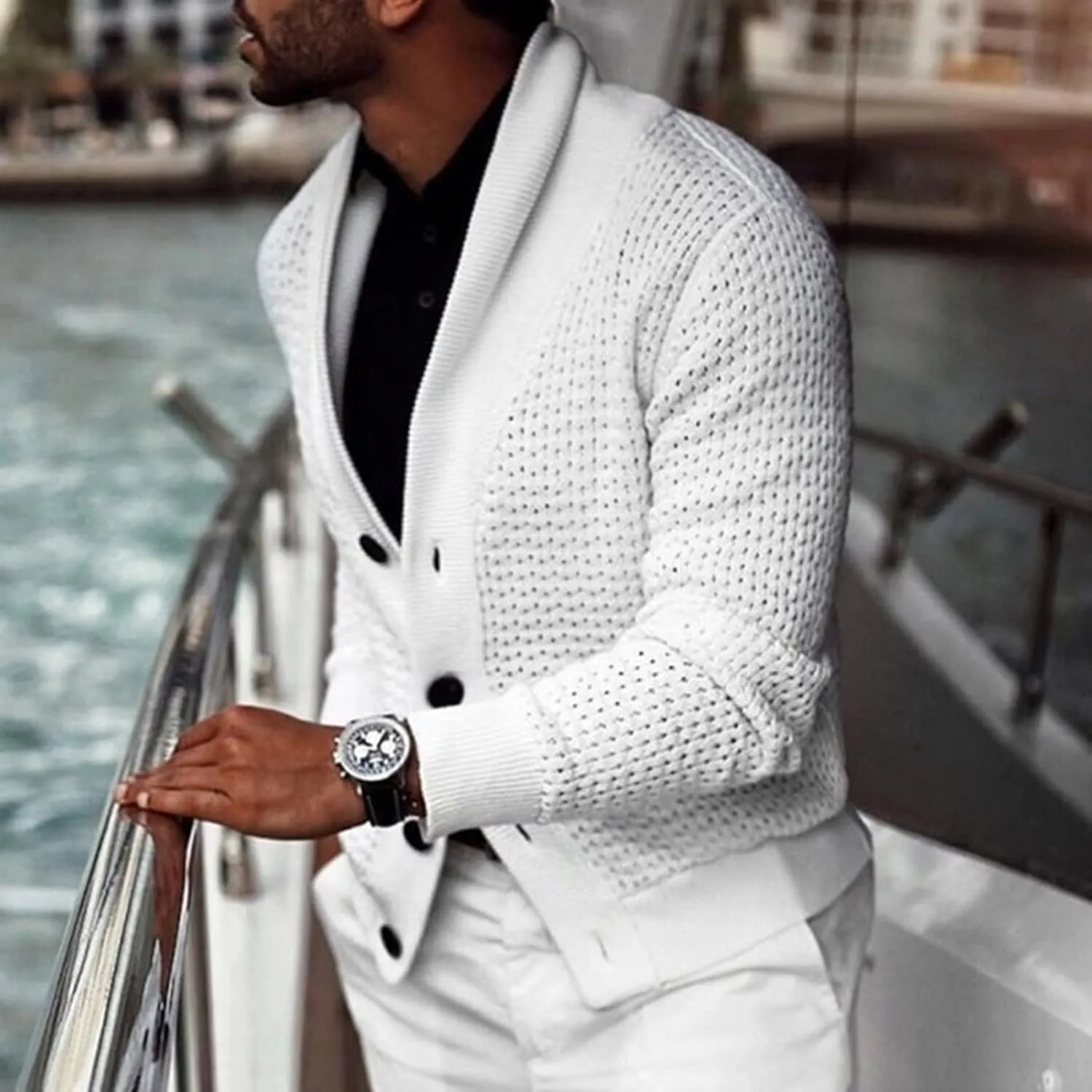 Men Shawl Collar Cardigan Sweater Button Down Cable Knitted Sweater Long Sleeve Jumper Slim Fit Knitwear Casual Jacket