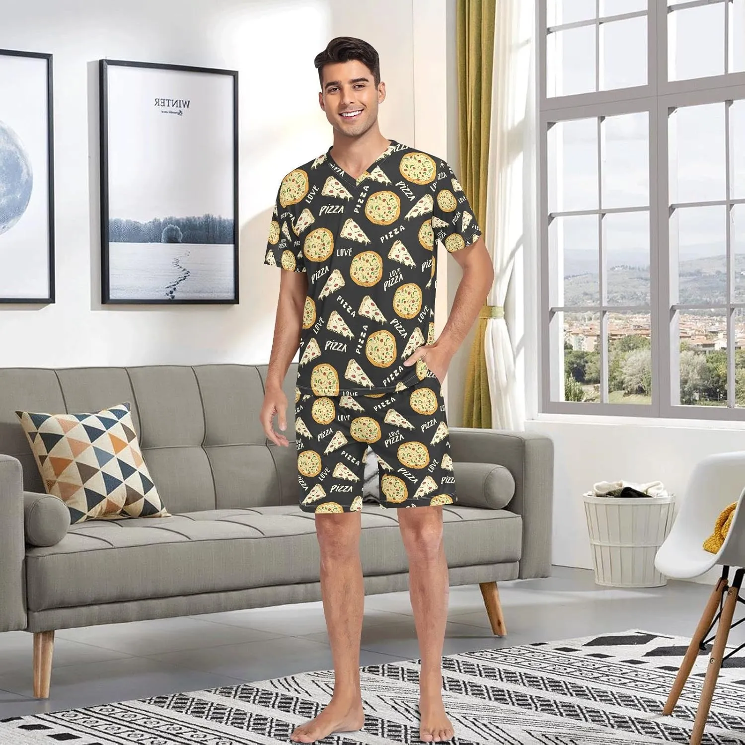 Men Short Pajama Set, 2PCs Sleepwear Top & Bottom PJ Set with Pockets(S-2XL)