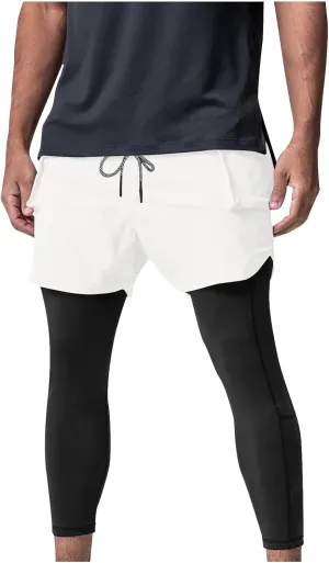 Men's 2 in 1 Running Pants Compression Athletic Pants Tights Quick Dry Gym Workout Legging Shorts with Zipper Pockets