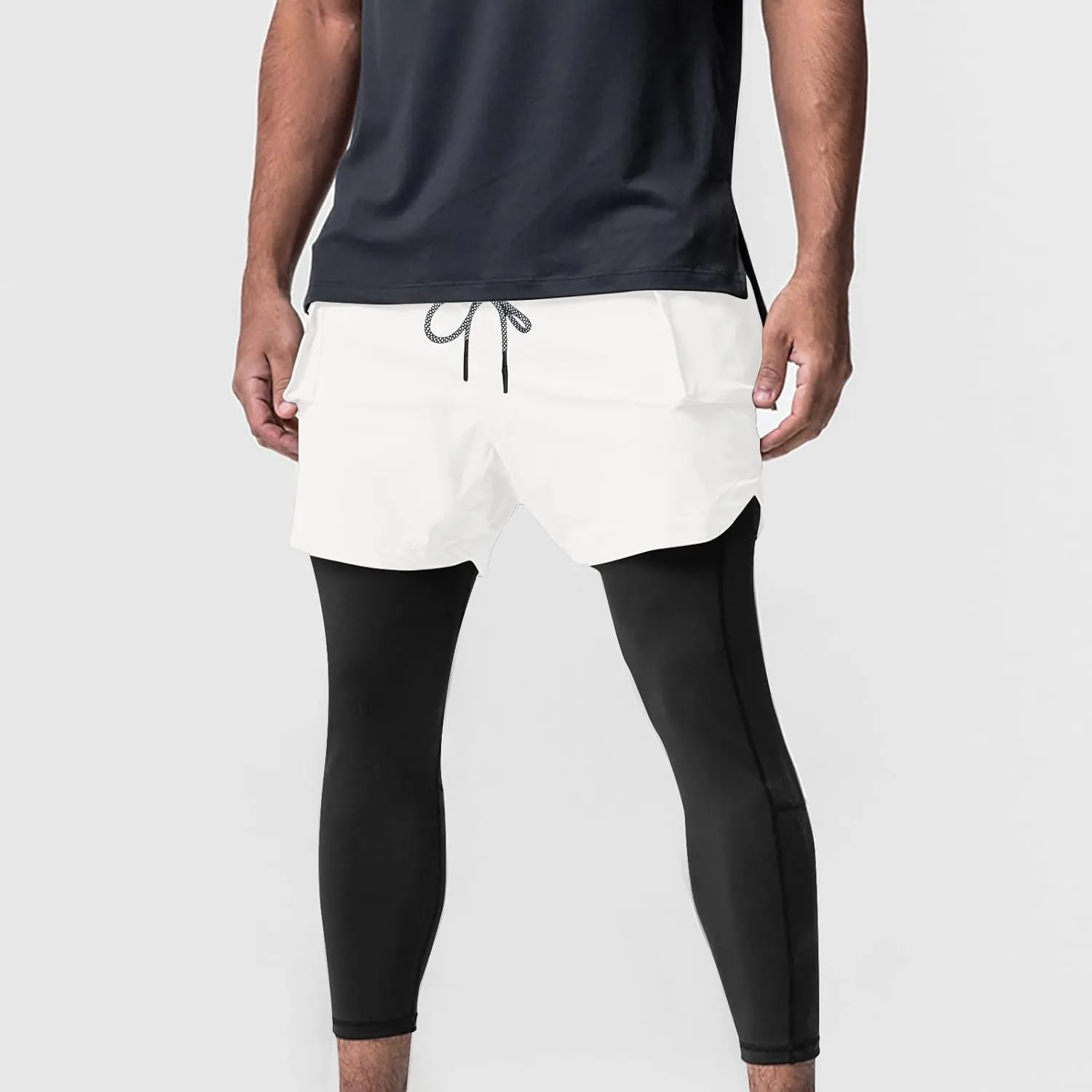 Men's 2 in 1 Running Pants Compression Athletic Pants Tights Quick Dry Gym Workout Legging Shorts with Zipper Pockets