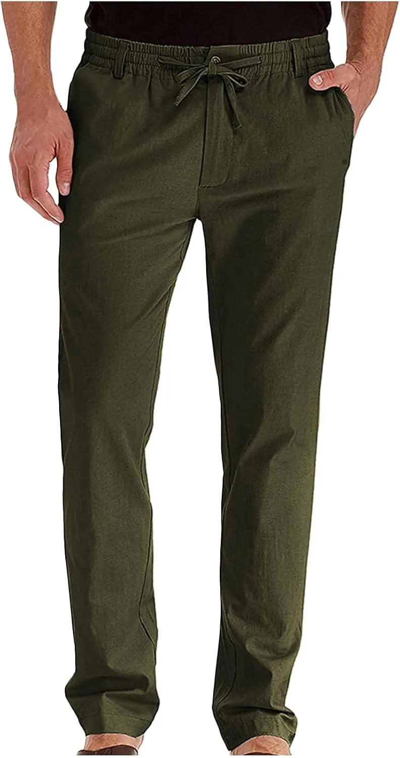 Mens Casual Chino Trouser Cotton Jogger Drawstring Elastic Waist Pants Solid Athletic Sweat Pants Pyjama Bottoms