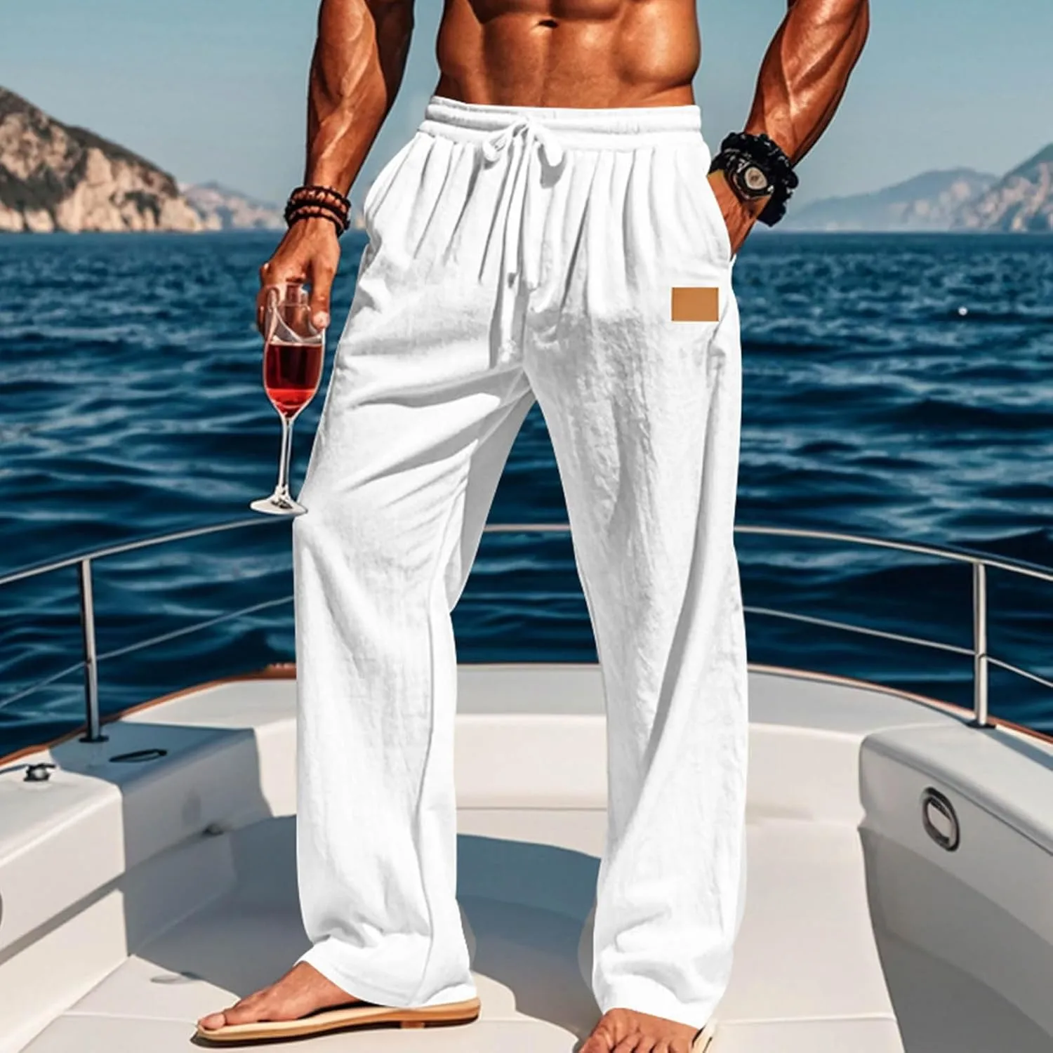 Mens Casual Cotton Linen Pants Regular Fit Elastic Waist Trousers Lightweight Pleated Wide Leg Linen Pant Drawstring