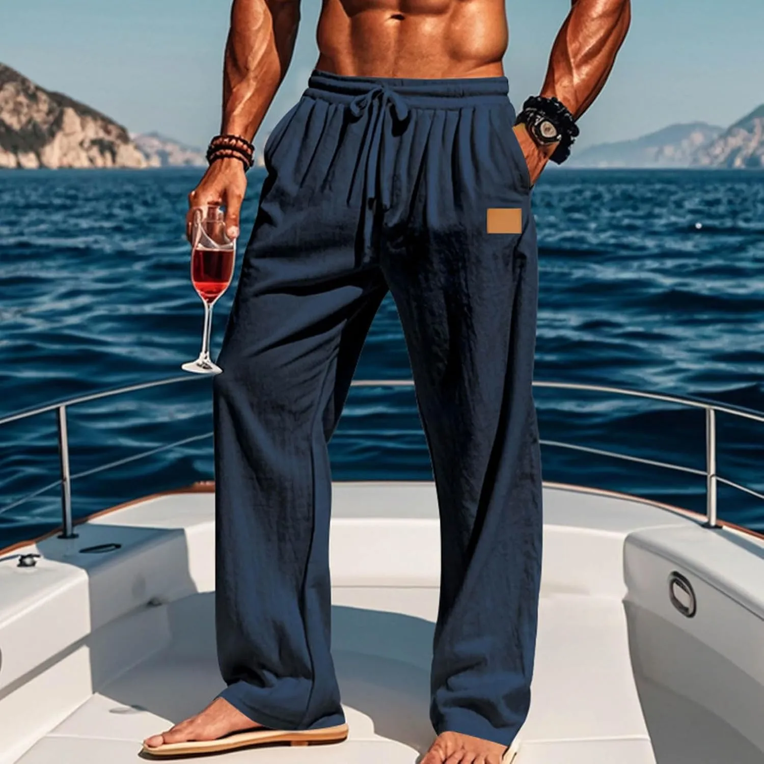 Mens Casual Cotton Linen Pants Regular Fit Elastic Waist Trousers Lightweight Pleated Wide Leg Linen Pant Drawstring