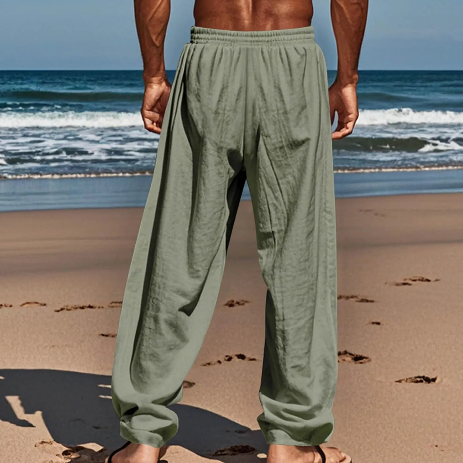 Mens Casual Cotton Linen Pants Regular Fit Elastic Waist Trousers Lightweight Pleated Wide Leg Linen Pant Drawstring