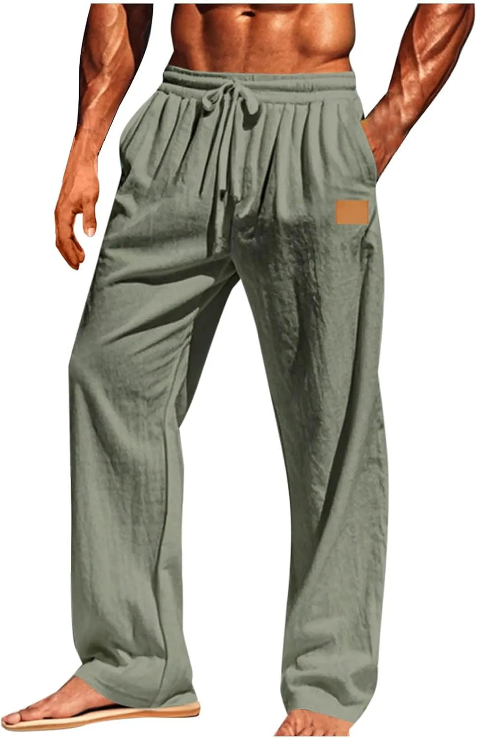 Mens Casual Cotton Linen Pants Regular Fit Elastic Waist Trousers Lightweight Pleated Wide Leg Linen Pant Drawstring