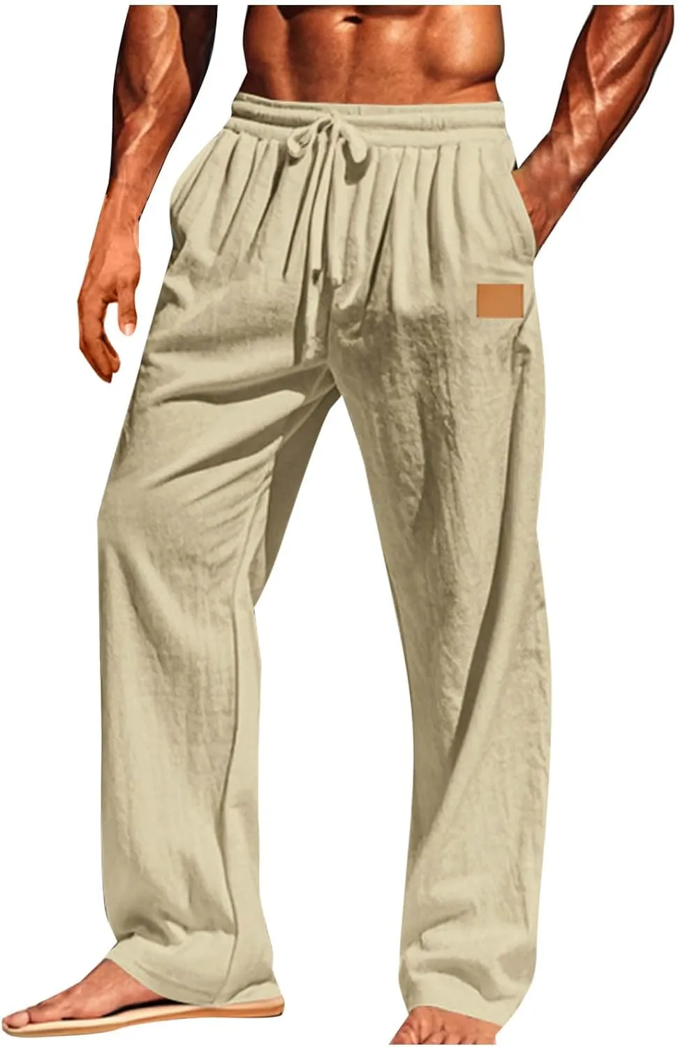 Mens Casual Cotton Linen Pants Regular Fit Elastic Waist Trousers Lightweight Pleated Wide Leg Linen Pant Drawstring