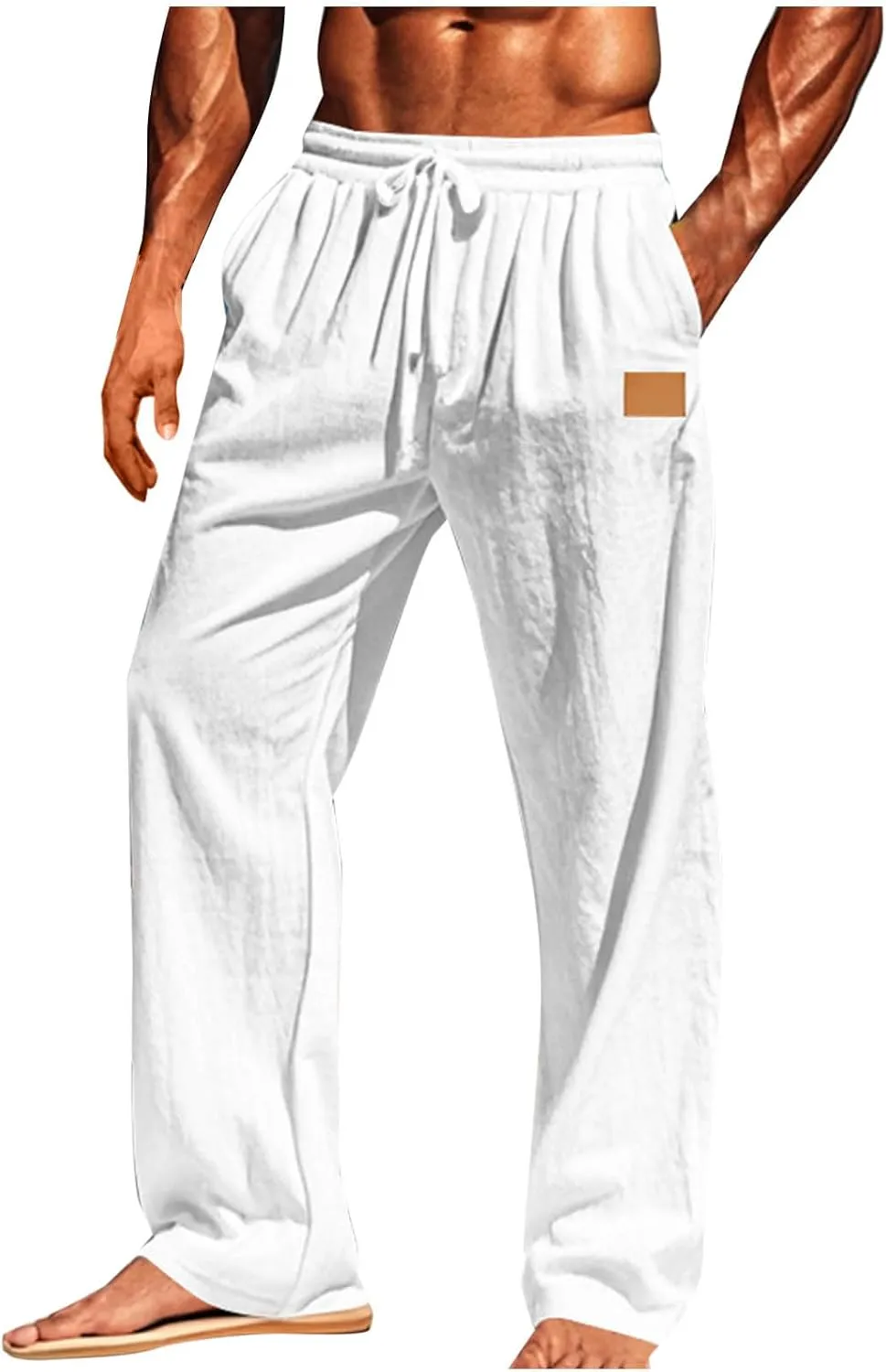 Mens Casual Cotton Linen Pants Regular Fit Elastic Waist Trousers Lightweight Pleated Wide Leg Linen Pant Drawstring