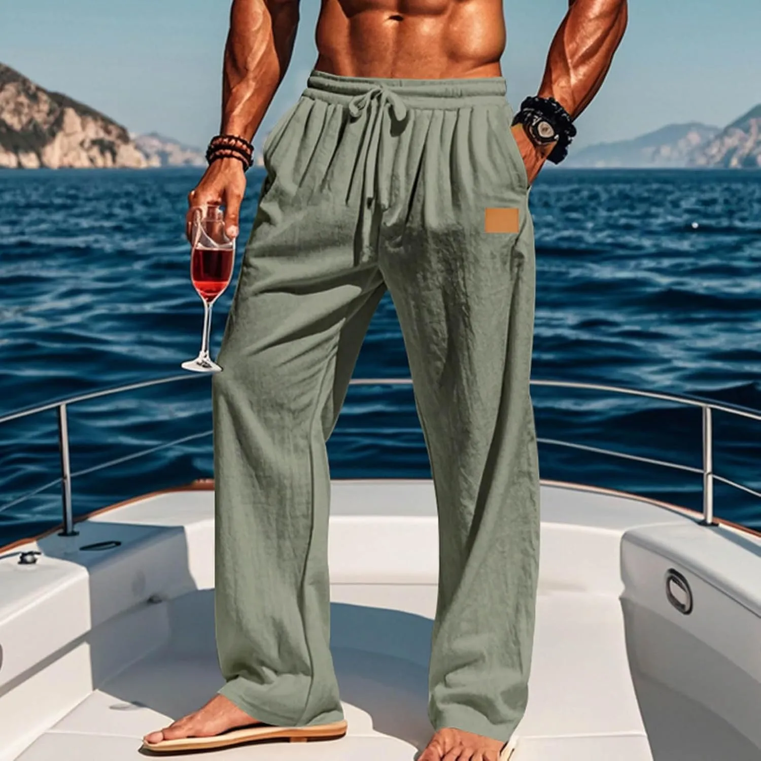 Mens Casual Cotton Linen Pants Regular Fit Elastic Waist Trousers Lightweight Pleated Wide Leg Linen Pant Drawstring