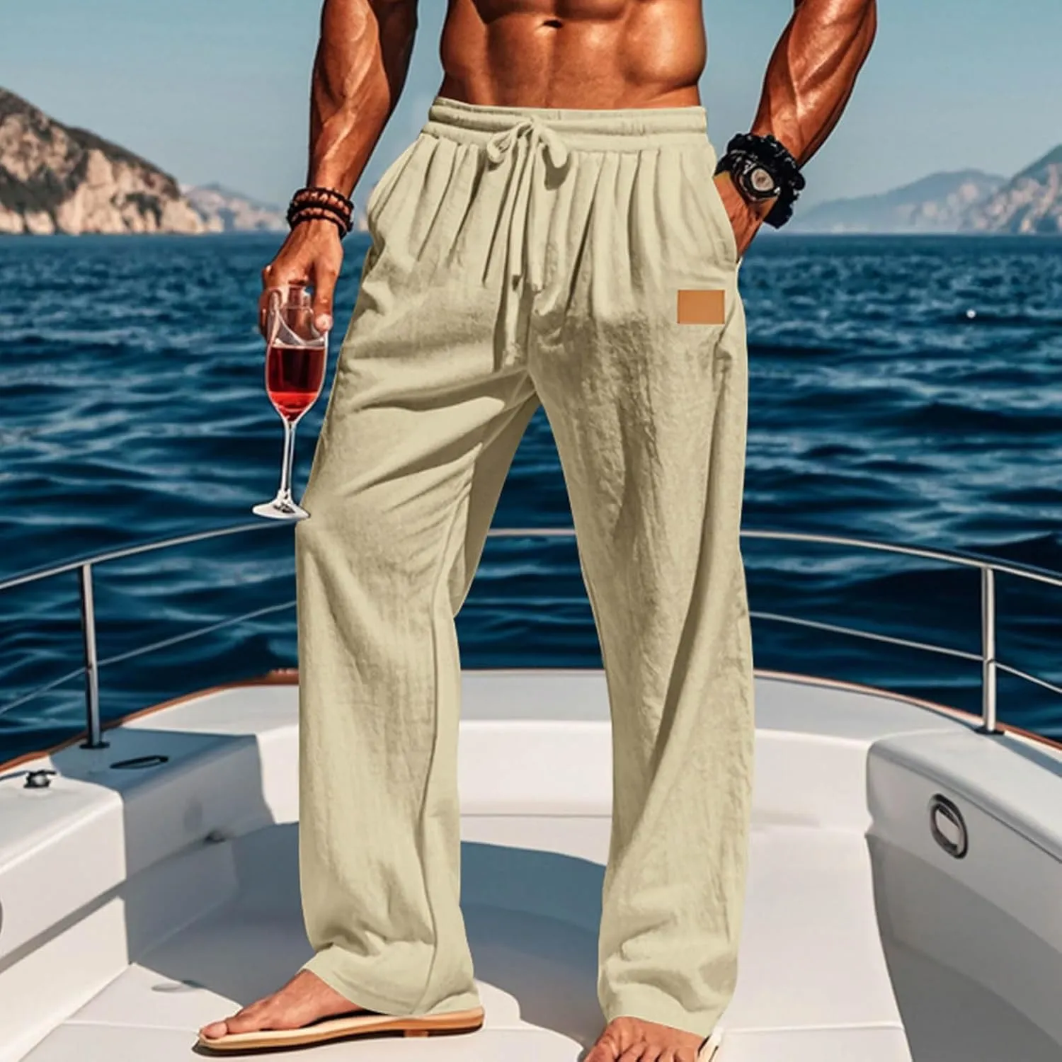 Mens Casual Cotton Linen Pants Regular Fit Elastic Waist Trousers Lightweight Pleated Wide Leg Linen Pant Drawstring