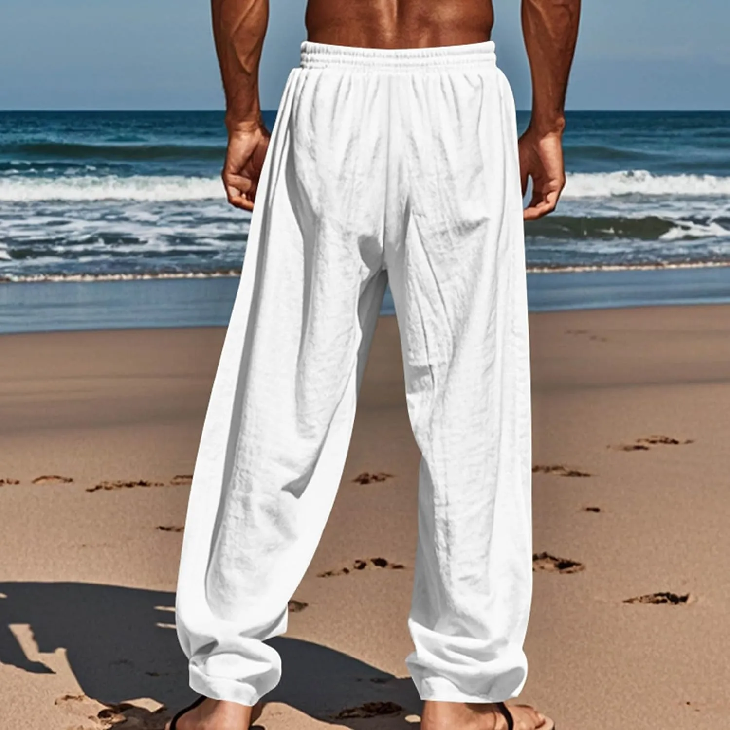 Mens Casual Cotton Linen Pants Regular Fit Elastic Waist Trousers Lightweight Pleated Wide Leg Linen Pant Drawstring