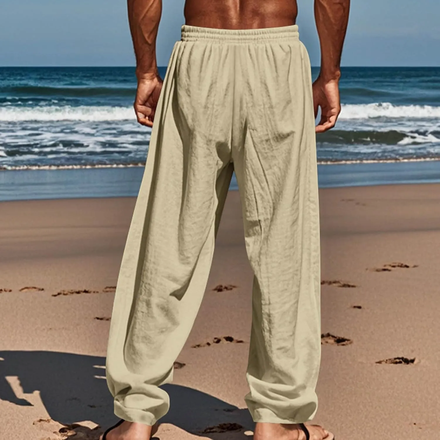 Mens Casual Cotton Linen Pants Regular Fit Elastic Waist Trousers Lightweight Pleated Wide Leg Linen Pant Drawstring