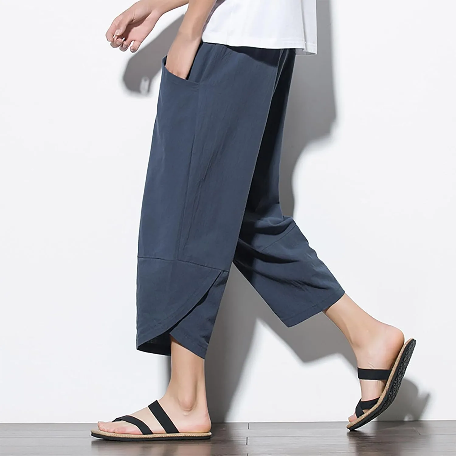 Men's Casual Elastic Waist Linen Capri Pants Classic Drawstring Elastic Waist Wide Leg Baggy Solid Yoga Trousers