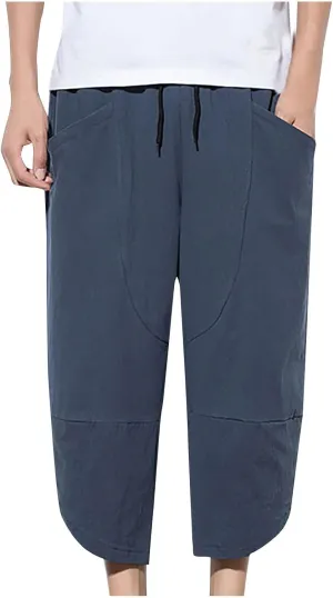 Men's Casual Elastic Waist Linen Capri Pants Classic Drawstring Elastic Waist Wide Leg Baggy Solid Yoga Trousers