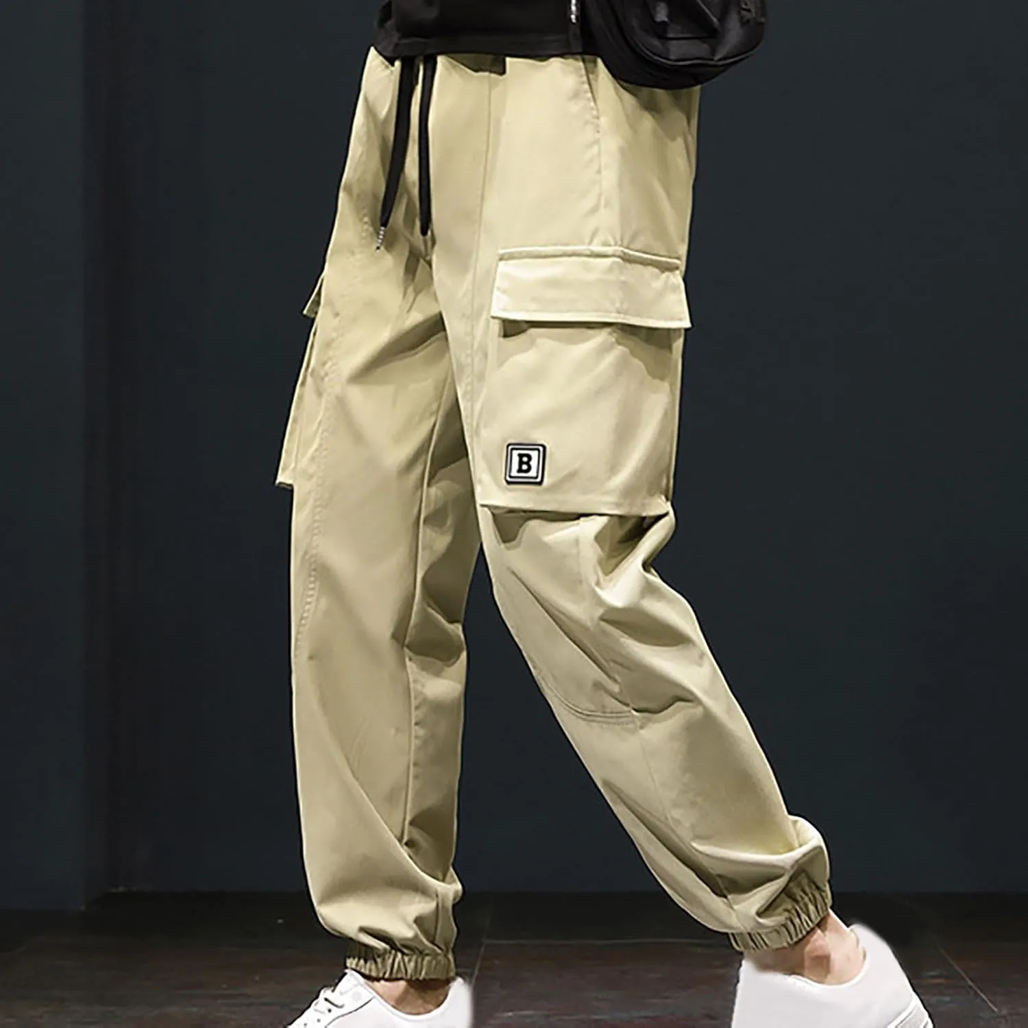 Mens Casual Joggers Cargo Pants Multi Pockets Tapered Sweatpants Drawstring Elastic Waist Outdoor Camping Trousers