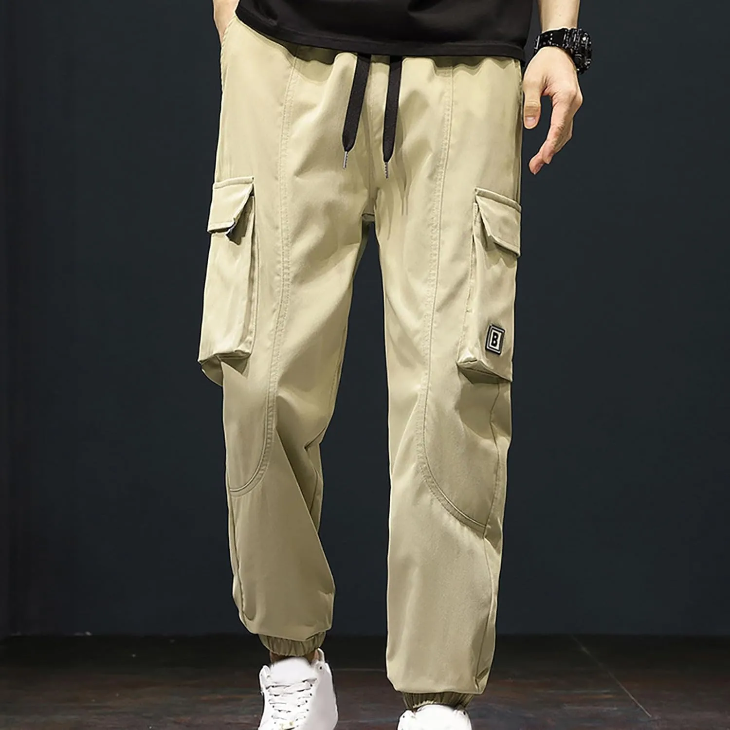 Mens Casual Joggers Cargo Pants Multi Pockets Tapered Sweatpants Drawstring Elastic Waist Outdoor Camping Trousers
