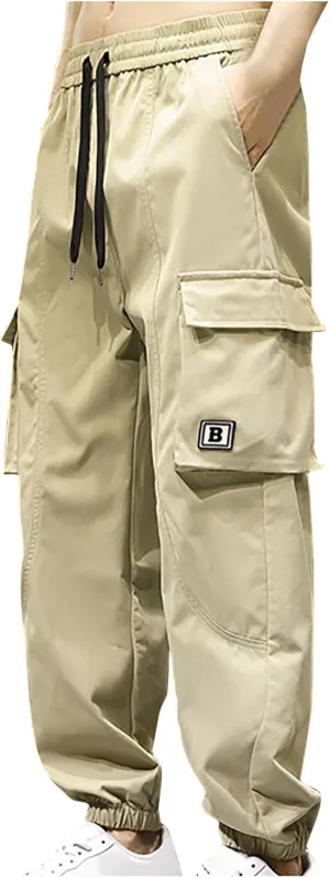 Mens Casual Joggers Cargo Pants Multi Pockets Tapered Sweatpants Drawstring Elastic Waist Outdoor Camping Trousers