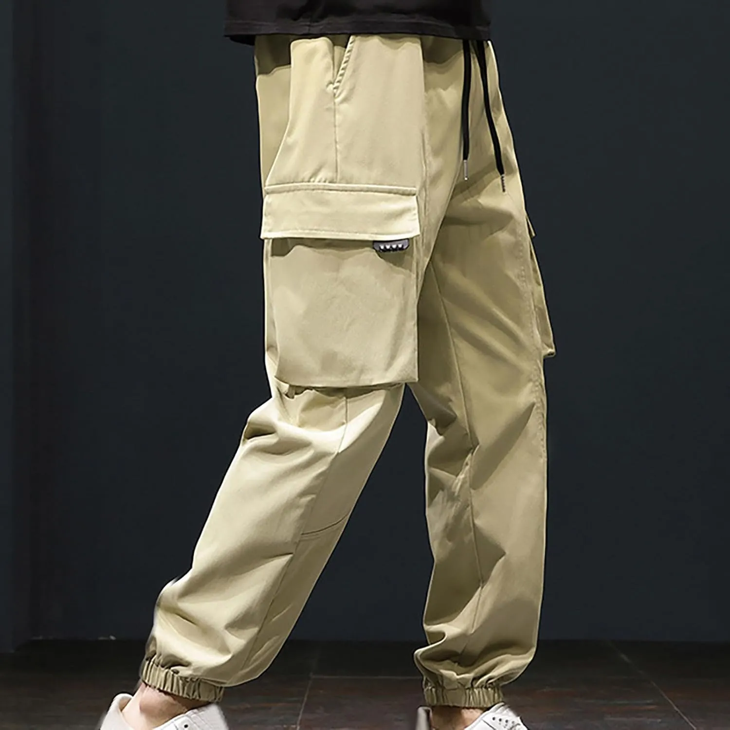 Mens Casual Joggers Cargo Pants Multi Pockets Tapered Sweatpants Drawstring Elastic Waist Outdoor Camping Trousers