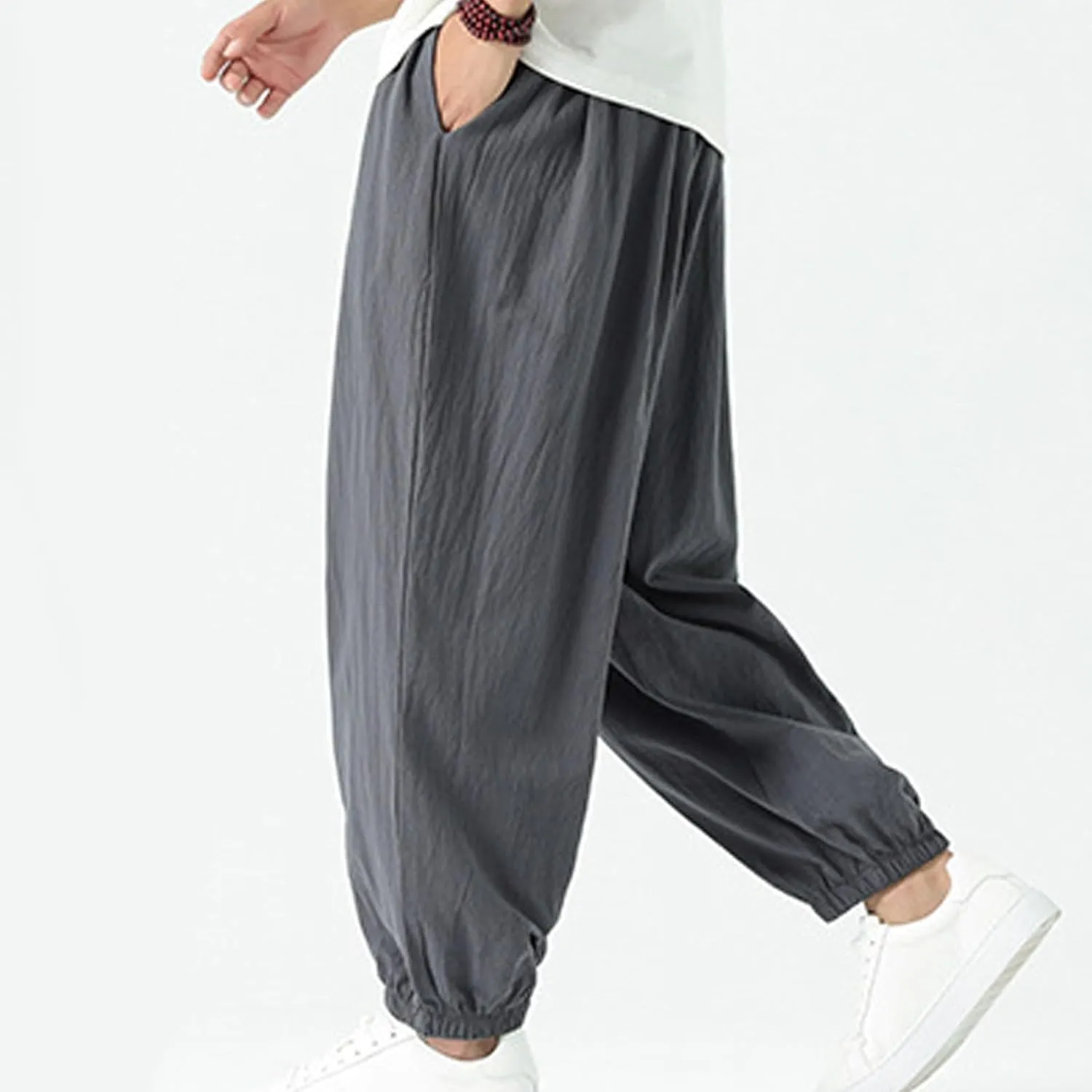 Mens Cotton Jogger Pants Loose Elastic Drawstring Waist Trousers Spring Summer Harem Pant Casual Going Out Clothing