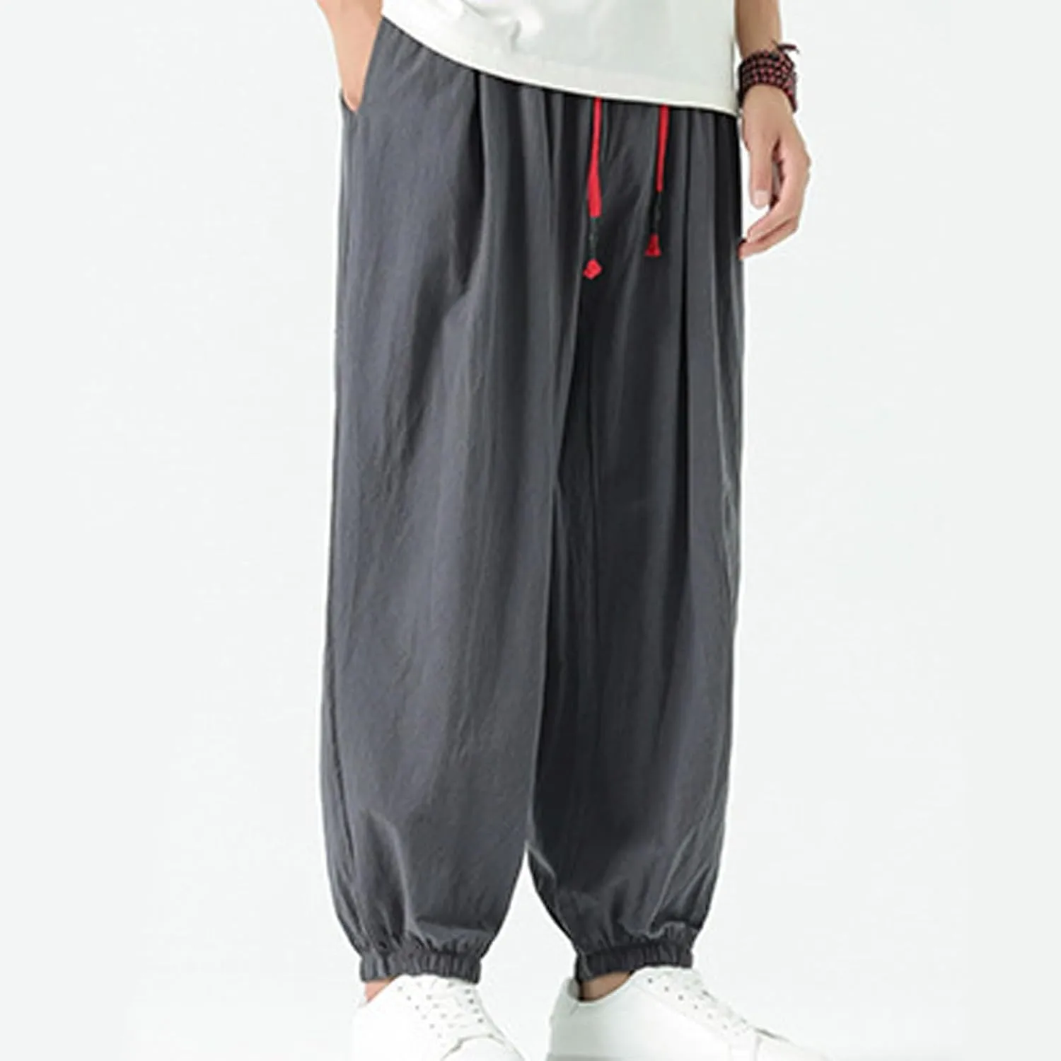 Mens Cotton Jogger Pants Loose Elastic Drawstring Waist Trousers Spring Summer Harem Pant Casual Going Out Clothing