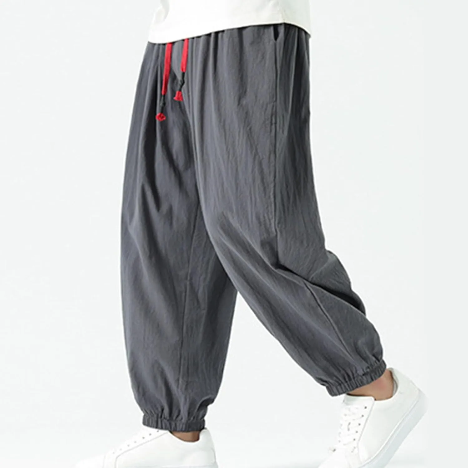 Mens Cotton Jogger Pants Loose Elastic Drawstring Waist Trousers Spring Summer Harem Pant Casual Going Out Clothing
