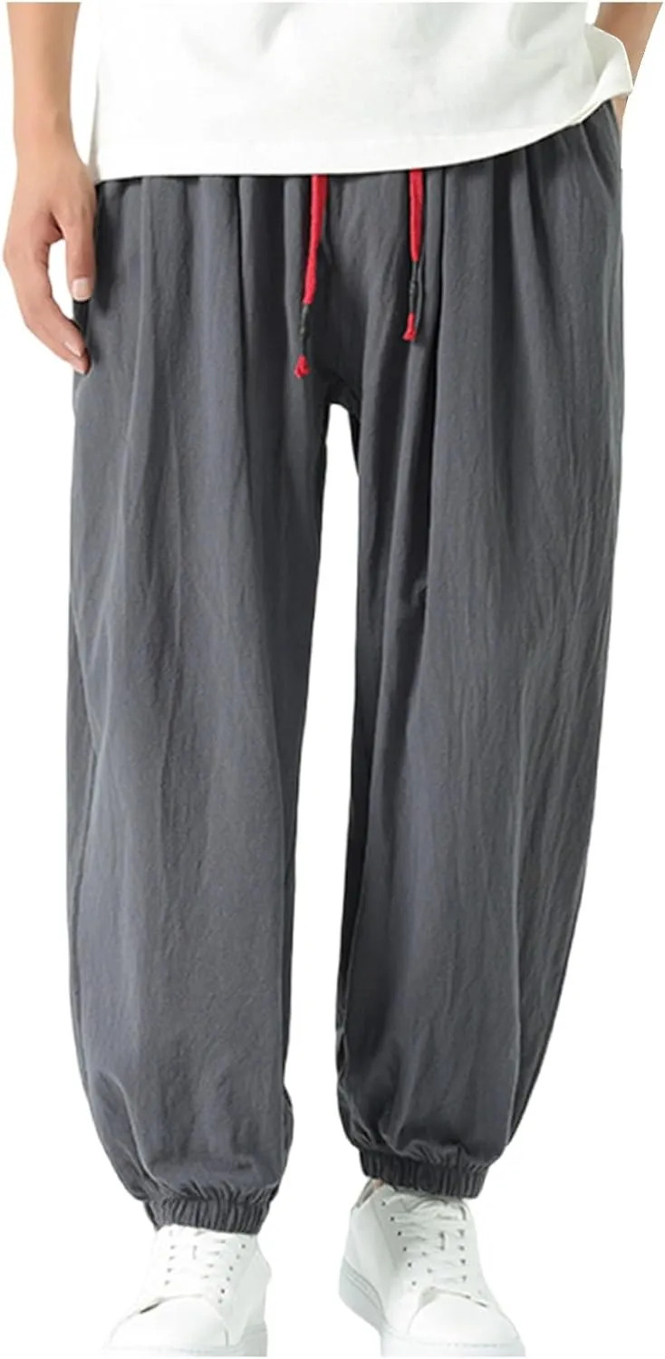 Mens Cotton Jogger Pants Loose Elastic Drawstring Waist Trousers Spring Summer Harem Pant Casual Going Out Clothing