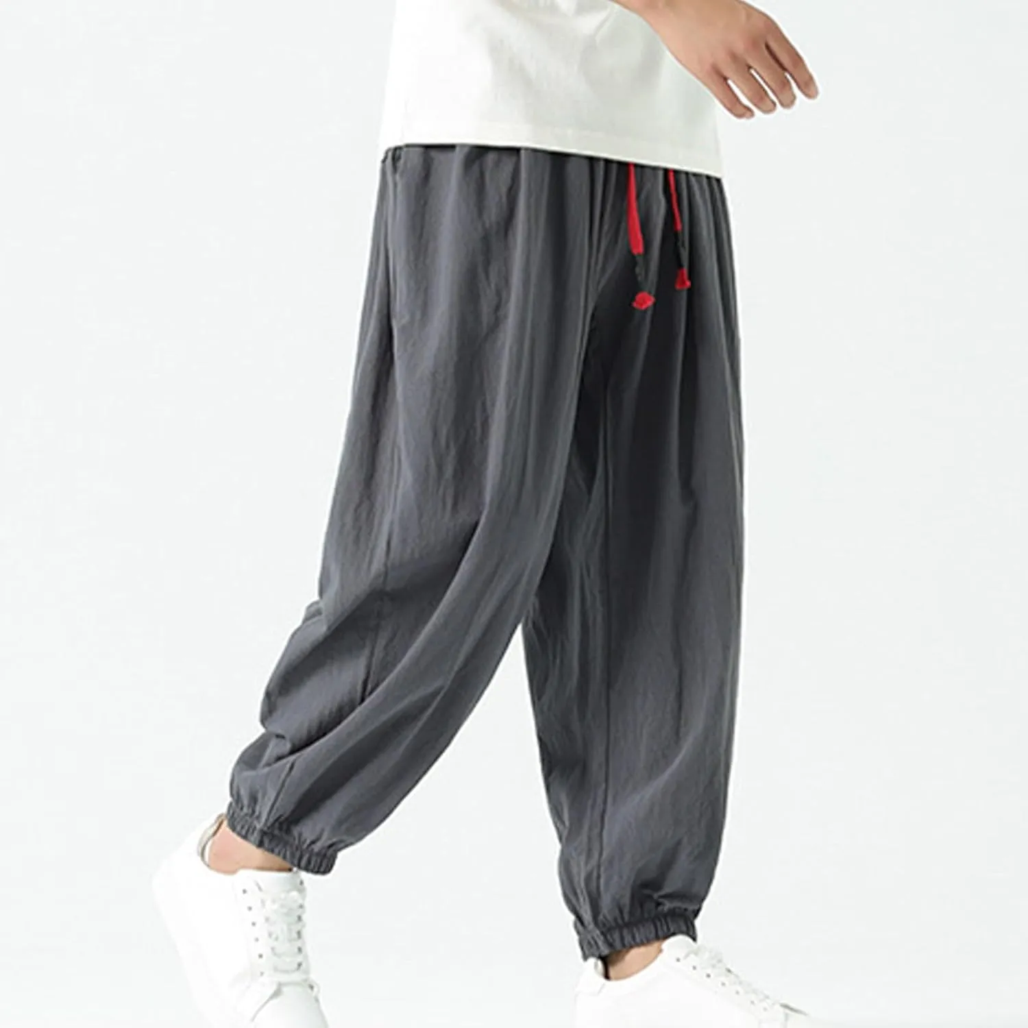 Mens Cotton Jogger Pants Loose Elastic Drawstring Waist Trousers Spring Summer Harem Pant Casual Going Out Clothing