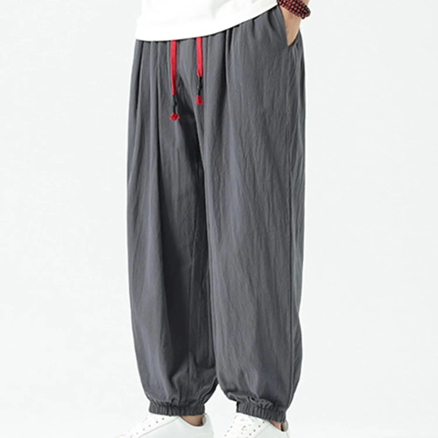 Mens Cotton Jogger Pants Loose Elastic Drawstring Waist Trousers Spring Summer Harem Pant Casual Going Out Clothing