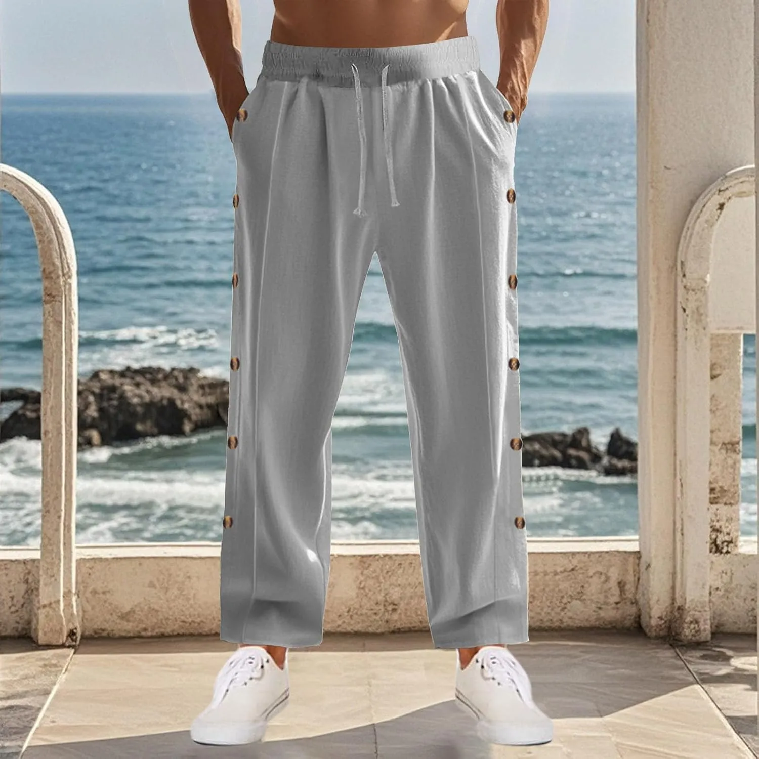 Mens Cotton Linen Drawstring Pants Elastic Waist Button Pant Solid Loose Trousers Summer Going Out Vacation Clothing