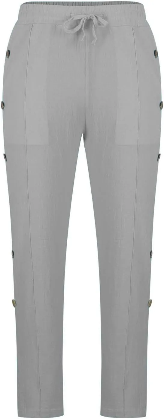 Mens Cotton Linen Drawstring Pants Elastic Waist Button Pant Solid Loose Trousers Summer Going Out Vacation Clothing
