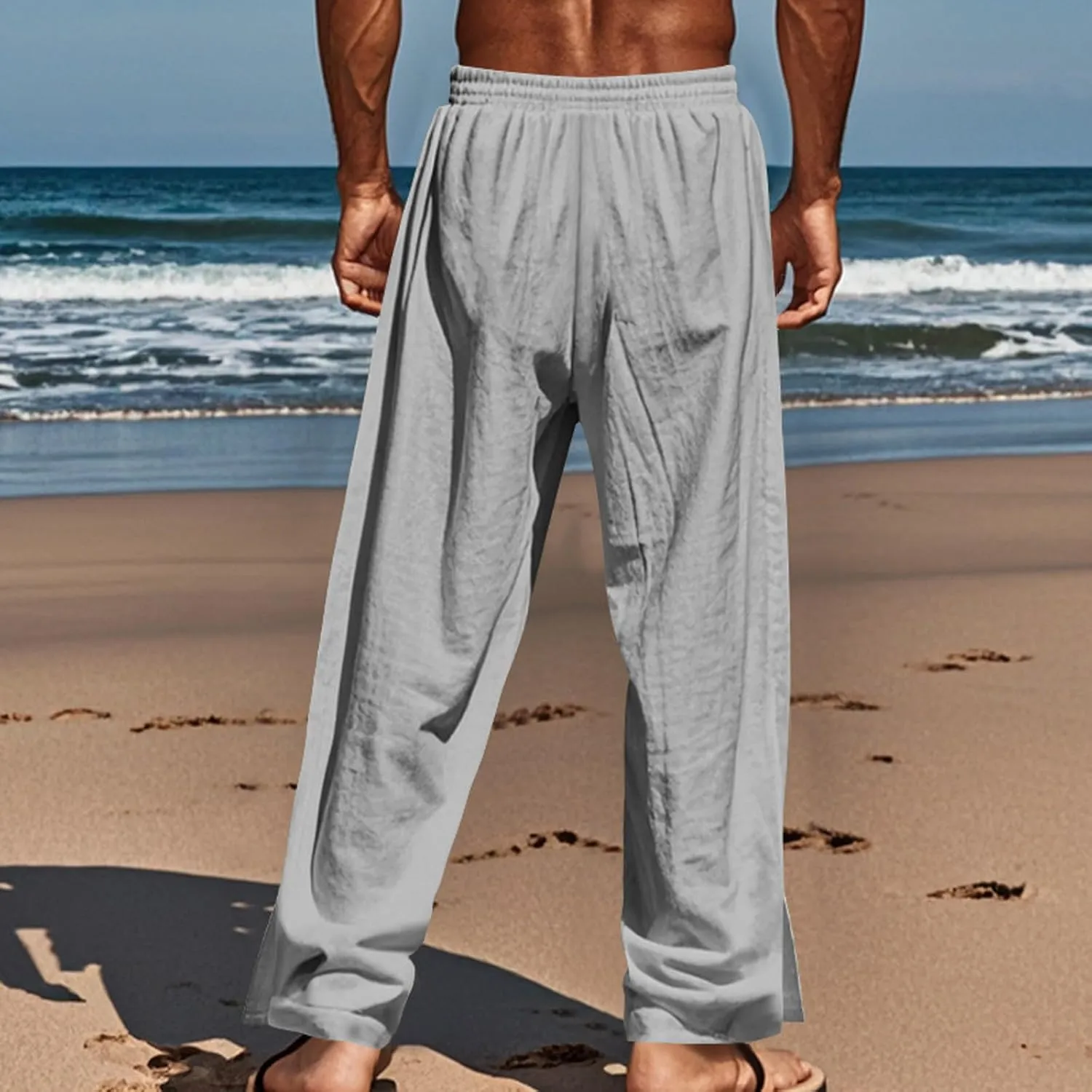 Mens Cotton Linen Drawstring Pants Elastic Waist Button Pant Solid Loose Trousers Summer Going Out Vacation Clothing