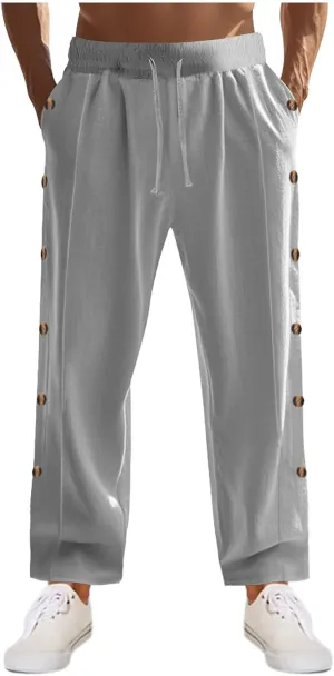 Mens Cotton Linen Drawstring Pants Elastic Waist Button Pant Solid Loose Trousers Summer Going Out Vacation Clothing