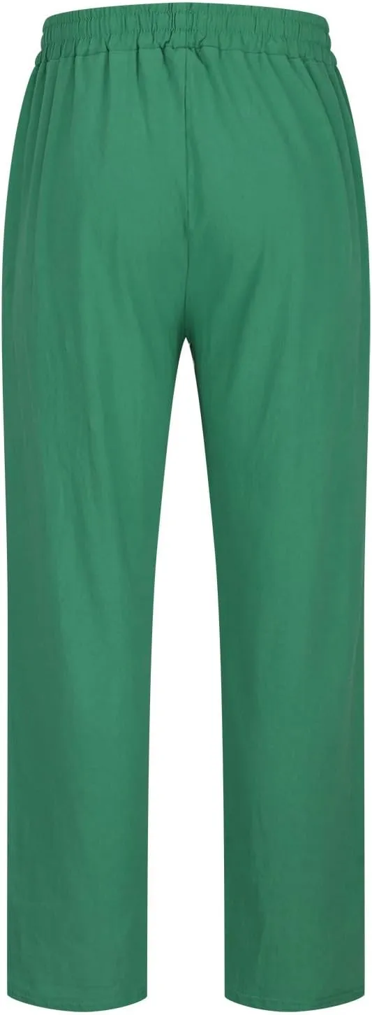 Mens Cotton Linen Drawstring Pants Fashion Elastic Waist Pant Summer Business Casual Trousers Vacation Outing Clothes