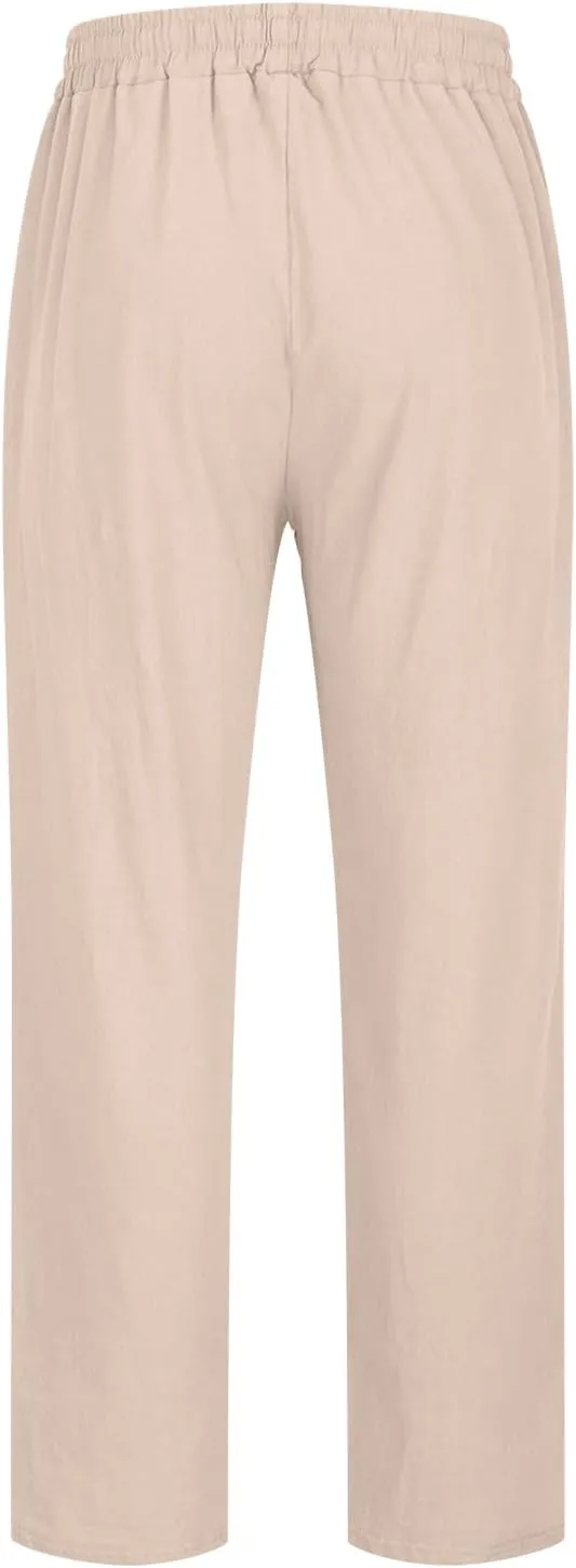 Mens Cotton Linen Drawstring Pants Fashion Elastic Waist Pant Summer Business Casual Trousers Vacation Outing Clothes