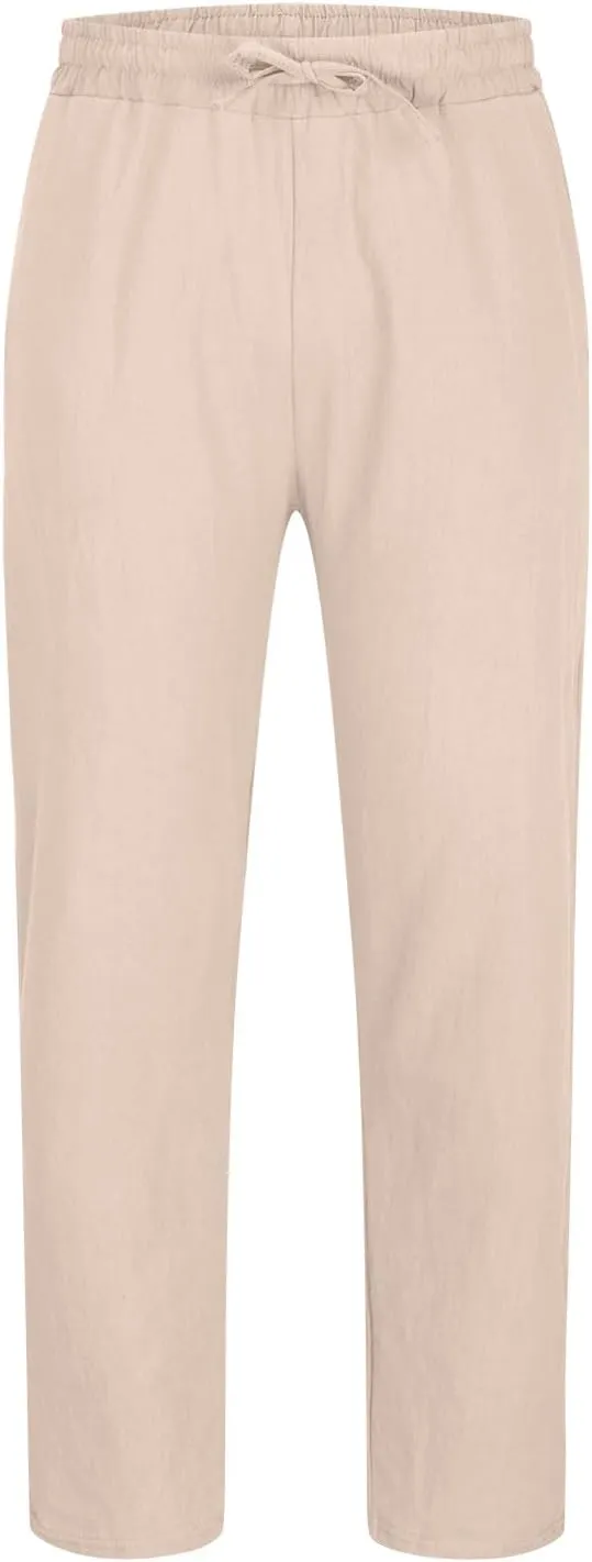 Mens Cotton Linen Drawstring Pants Fashion Elastic Waist Pant Summer Business Casual Trousers Vacation Outing Clothes