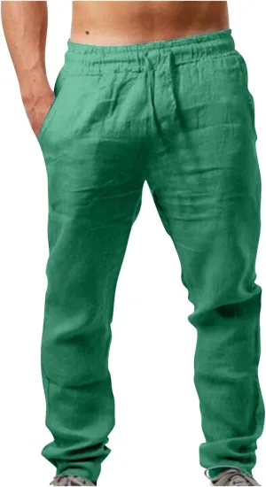 Mens Cotton Linen Drawstring Pants Fashion Elastic Waist Pant Summer Business Casual Trousers Vacation Outing Clothes